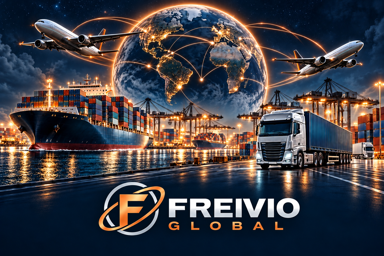 Freivio Global — international air, sea and road freight, illustrated around the globe